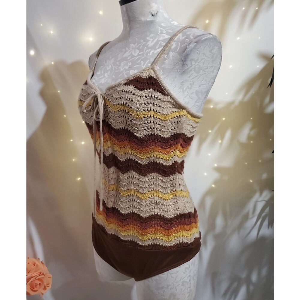 Vtg New Look Y2K Crochet Knit Zig Zag Lace Up Tank Bodysuit Size L Boho Festival - Picture 2 of 12